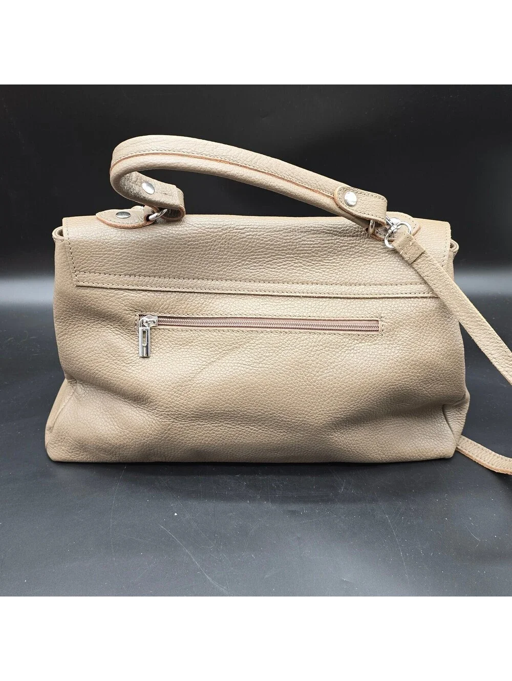 LOOWIE Italian Leather Satchel Bag Taupe Beige Pebbled Leather Crossbody Flap